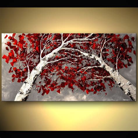 Peering through the front panel of his father's desk, president richard nixon speaking by telephone with the apollo 11 astronauts during their moonwalk, and amy carter bringing her siamese cat misty malarky ying yang to brighten. Large Palette Knife Painting Red Grey White Birch by ...