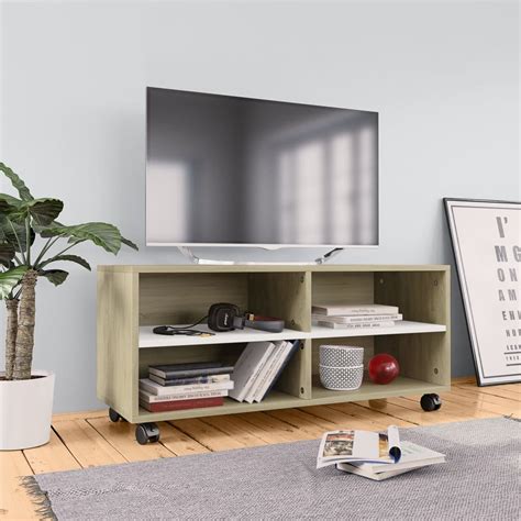 Modernes lowboard weiß melamin, eiche sonoma nachbildung. TV-Schrank mit Rollen Weiß Sonoma-Eiche 90×35×35 cm ...