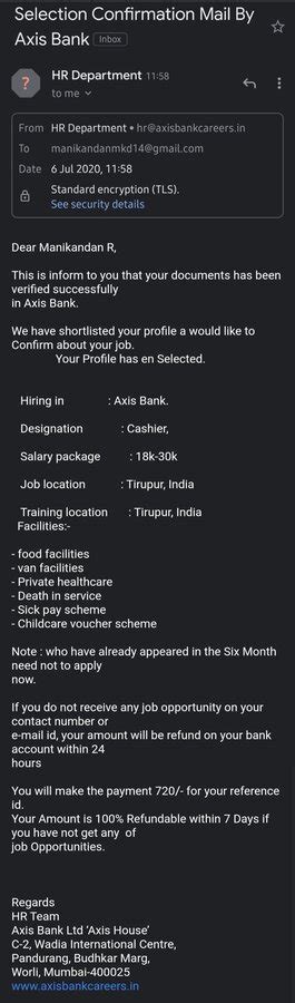Click submit button to complete your registration process. Axis Bank — fake job offer