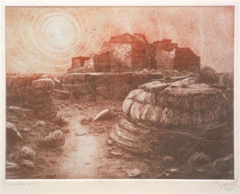 Owl, babies and green sun. Lomaki Ruin by Roy Purcell | Annex Galleries Fine Prints