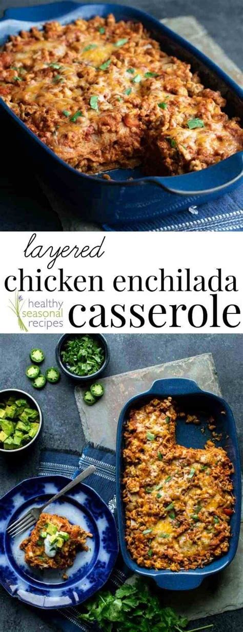 Layer covered tortillas in the bottom of the pan, it should take six. Layered chicken enchilada casserole | Recipe | Healthy casserole recipes, Food recipes ...