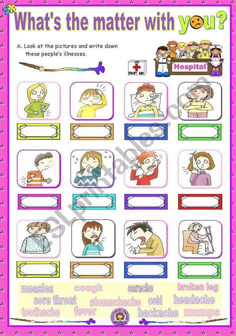 List of esl vocabulary about health problems with the meaning of each one. What´s the matter with you - illnesses | Matter worksheets ...