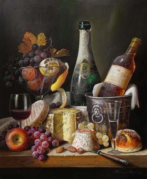 Raymond Campbell | still-life of champagne bottle and cheese | MutualArt