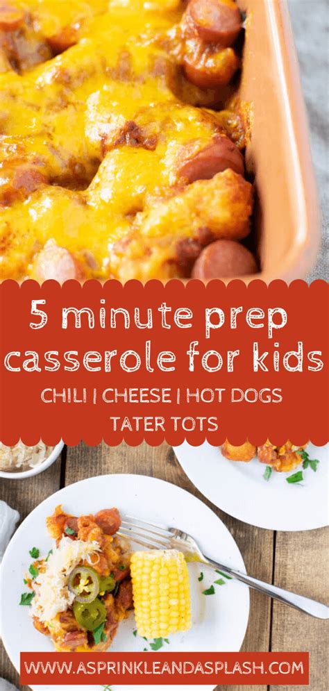 In baking dish, combine hot dogs, beans, mexicorn, salsa and 1/2 cup cheddar cheese. Chili Dog Tater Tot Casserole | Recipe | Dinner, Easy ...