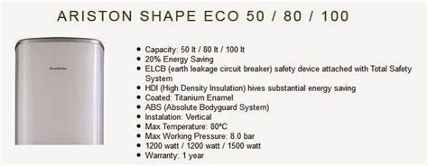 Standard water heaters └ home water heaters └ heaters & radiators └ heating, cooling & air └ home, furniture & diy all categories antiques art baby books, comics & magazines business, office & industrial cameras & photography cars, motorcycles & vehicles clothes, shoes & accessories. Jual Water Heater Ariston Shape Eco 50 Murah