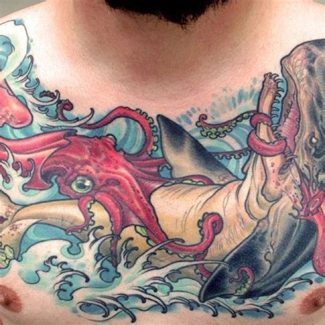 The tattoos below depict nordic characters in a way that inspires awe and makes the tattoo wearer look formidable. sea battle | Cool chest tattoos, Shark tattoos, Squid tattoo