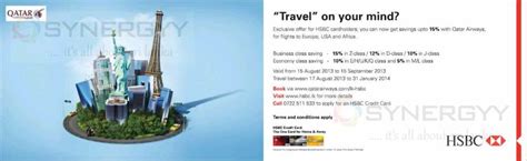 A credit card promotion can help you get more value from a new card by giving you the chance to save on rates and fees, earn more points, get free gifts or even cash back into your account. 15% off for Qatar Airways for HSBC Credit card till 15th September 2013 - SynergyY