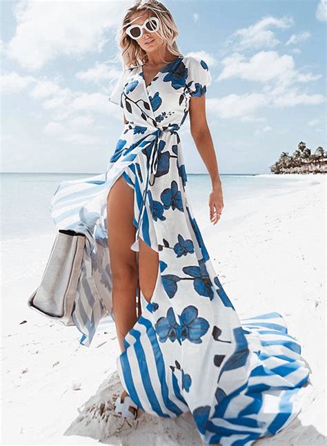 Shop from a range of lengths, colours and styles for the day, evening or any occasion from your favourite brands. V Neck Short Sleeve Floral Slit Maxi Beach Dress ...
