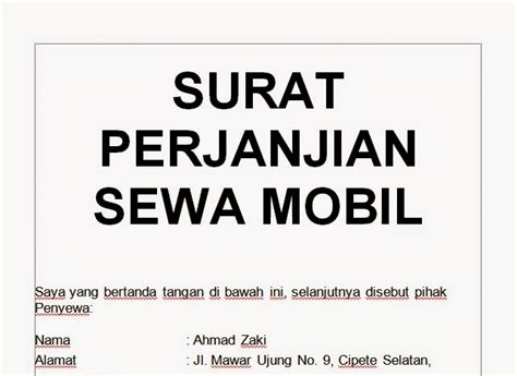 Sebagai realisasi kontrak kerja antara [isi : .doc CONTOH SURAT PERJANJIAN SEWA / RENTAL MOBIL PRIBADI ...