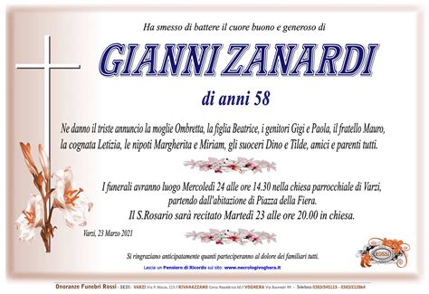 Consulta gli annunci necrologici delle province della tua regione lombardia. Necrologio Gianni Zanardi | Necrologi Voghera