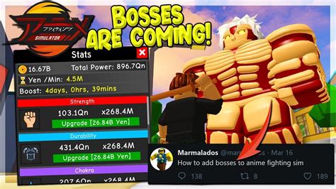 In this video ill show you guys all the new codes in roblox anime fighting simulator ! NEW BOSS BATTLES ARE COMING! AND TOP NEW UPDATES WE NEED IN ANIME FIGHTING SIMULATOR ROBLOX ...