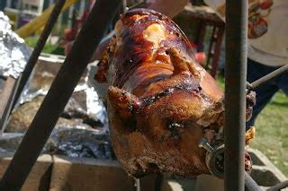 Rotisserie is a style of roasting where meat is skewered on a spit, a long solid rod used to hold food while it is being cooked over a fire in a fireplace or over a campfire. meat: Back to the future