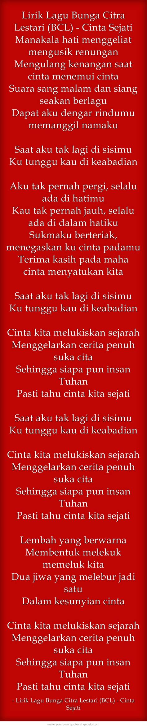 Download daftar kumpulan musik lagu bunga citra lestari mp3 dan video mp4 bisa kamu temukan disini, kumpulan lirik lagu bunga citra lestari terbaru, dapatkan semua info link yang berkaitan dengan bunga citra lestari, download mudah dan gratis di planetlagu. Lirik Lagu Bunga Citra Lestari (BCL) - Cinta Sejati ...