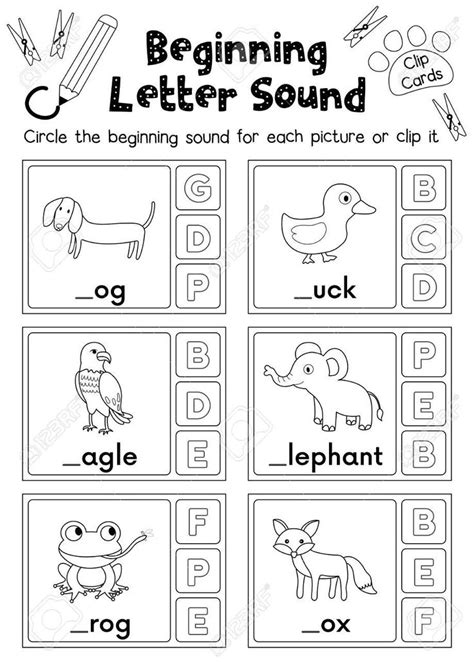 Words start with e ; Beginning sounds Worksheets for Kindergarten Clip Cards ...