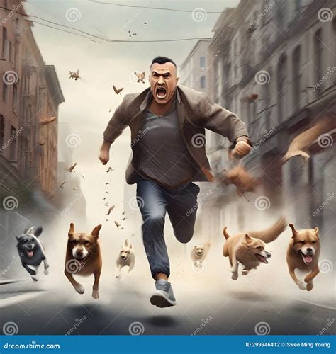 Image of a Man Running with (or Being Chased by) Dogs in the City