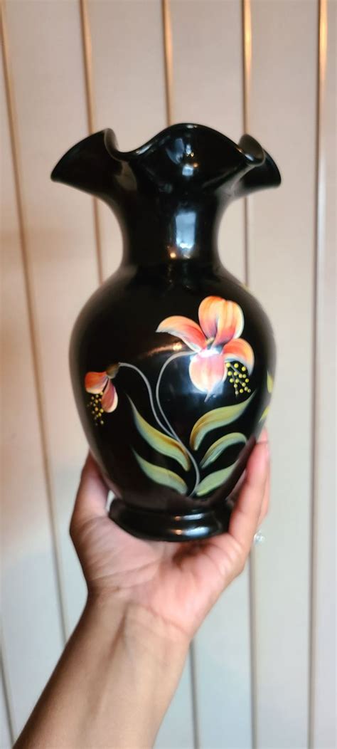 The flowers like pieces for a sculptural collage. Fenton Hand Painted Black Vase With Flowers for Sale in ...