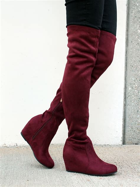 Nature Breeze - Nature Breeze Over the knee Women's Hidden wedge Boots in Burgundy - Walmart.com ...