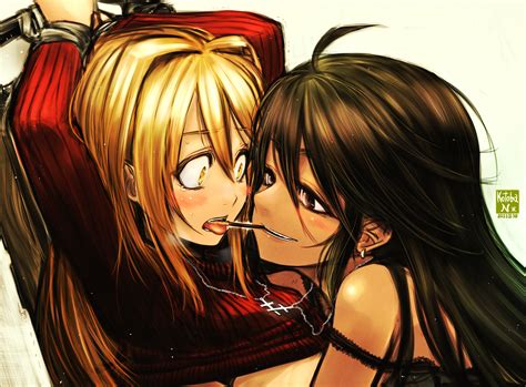 Pink hair yellow sweater girl. 2girls black hair blonde hair blush bondage food gray eyes ...