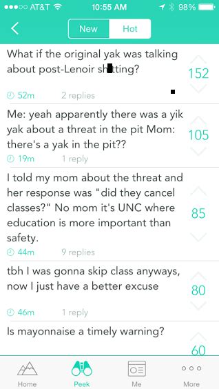 Jan 03, 2015 · yik yak is a rather new contender, however, a ton of friends in college have the application. UNC Chapel Hill Yik Yak Threat November 20, 2014