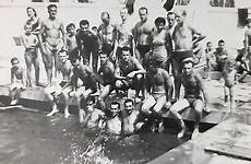 vintage swimming pool group men trunks muscular original