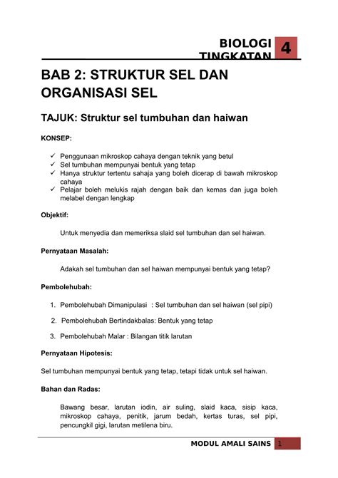 Rancangan pengajaran tahunan biologi tingkatan 4. Struktur Sel Haiwan Biologi Tingkatan 4