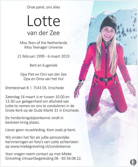 The dutch model's death was confirmed by her parents on thursday, in an emotional instagram post shared on her personal account. Lotte van der Zee 06-03-2019 overlijdensbericht en ...