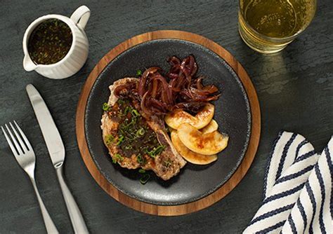 Pork loin chops, seasoned with paprika, sage, thyme and spices then lightly pan fried and served with homemade applesauce. Hard Cider-Braised Center Cut Pork Chops, Caramelized Macintosh Apples & Balsamic-Glazed Onions ...