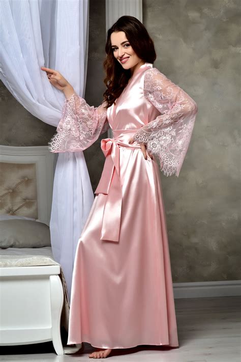 Romantic dusty blue tulle bridal dress. Long blush pink wedding kimono robe Lace bridal robe ...