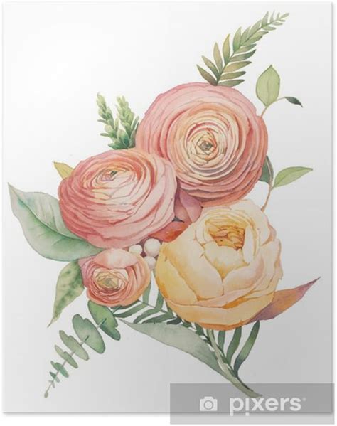 Rose knospen blass rosa blumenstrauß tropfen. Poster Aquarell Blumen Blumenstrauß. Handgemalte ...