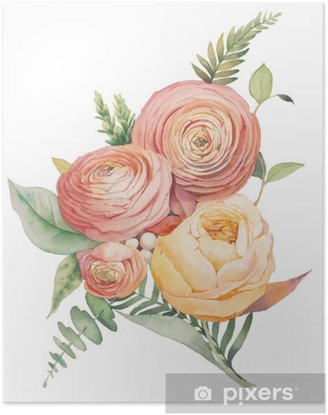 Schöne rosa und weißen pfingstrosen in eimer mit bogen isoliert auf weiß. Poster Aquarell Blumen Blumenstrauß. Handgemalte ...