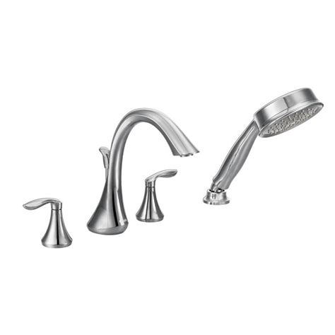 This handsome bathroom faucet features platinum with polished chrome highlights. Moen T944 Eva Two-Handle Roman Tub Faucet Trim with Hand ...