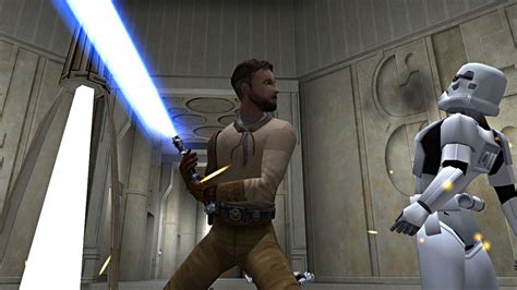 Kyle Katarn battles a stormtrooper in Star Wars Jedi Knight II: Jedi Outcast. | Jedi outcast 