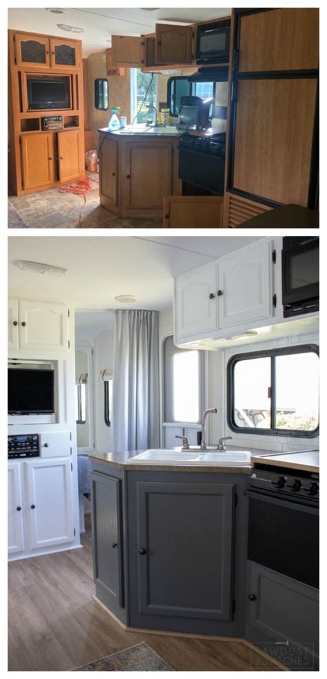 Apr 26, 2018 · the rich, wood headboard original to the camper is accented nicely by the dark paint color, while white trim and one white wall keeps the darker colors from overpowering. camper makeover before and after 2 - Sawdust 2 Stitches