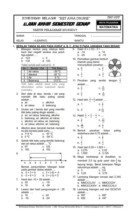 Tonton video sampai selesai agar dapat memahami setiap soal pada materi kelas 4 sd/mi tema 1 subtema 1 mengenai keberagaman budaya bangsaku. Download Soal UKK / UAS Genap Matematika Kelas 4 SD/MI ...