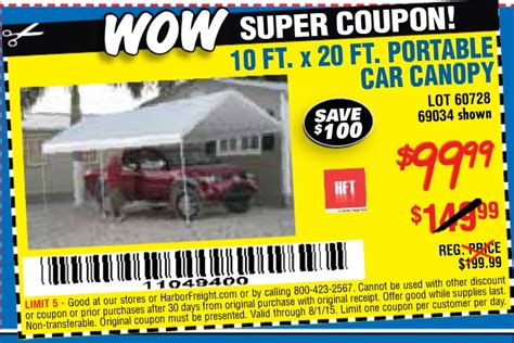 This canopy acts as a car port to protect your vehicle from the weather and provides shelter for outdoor activities. Harbor Freight Tools Coupon Database - Free coupons, 25 ...