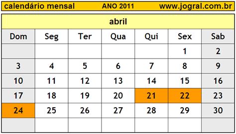 Calendário Mensal: Abril de 2011. Imprimir Mês de Abril/2011.