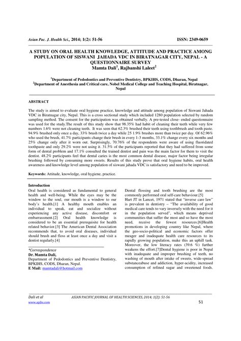 The aim of this study was to assess the knowledge, attitude, and practice regarding early childhood caries (ecc) among pediatricians in material & method: (PDF) A STUDY ON ORAL HEALTH KNOWLEDGE, ATTITUDE AND ...