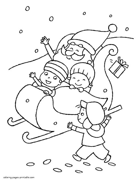 Here are the coloring pages of the reindeer, helping santa to deliver gifts for christmas. Santa on a sleigh with children || COLORING-PAGES ...