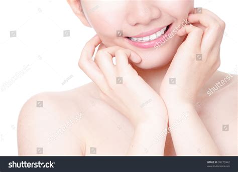 A yellow face with a hand covering its mouth. Close Up Of Girl Mouth With Sweet Smile And Hand Finger ...