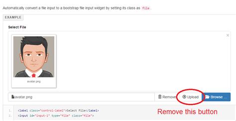 A function on onchange event on input type file will be called whenever user select some file from. jquery plugins - How to remove upload button in Bootstrap ...