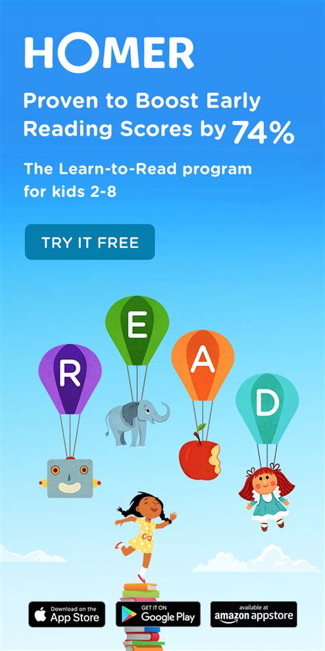 Homer reading is an app that motivates kids ages 2 to 8 to improve their reading ability. HOMER's Learn to Read app for kids is the only early learn ...