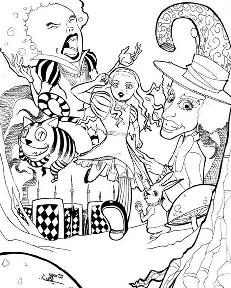 Alice in wonderland coloring book. Alice-in-Wonderland-Trippy-Creative-Coloring-Page