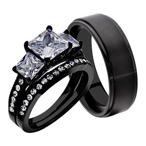 Engagement ring vs wedding ring. FlameReflection Black Stainless Steel Titanium His Hers ...
