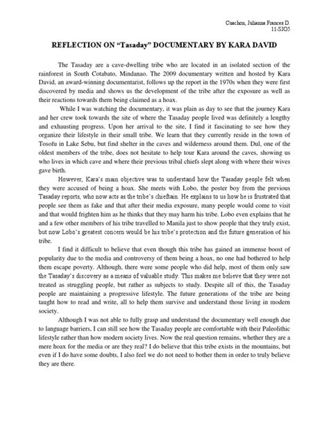 Any reflection paper is a type of academic writing that requires you to interact with the targeted audience while describing specific life experiences or moments. Reflection-Paper-on-Tasaday-CUSOPO.docx