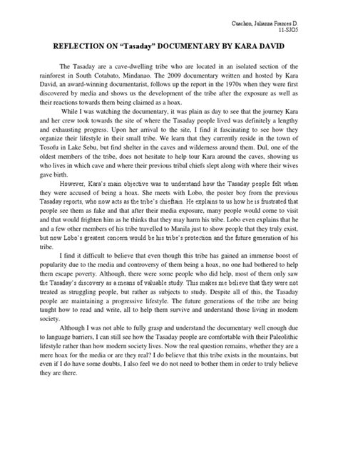 Reflection paper gives way to the students to communicate with their professors about their understanding of the matters related to the lecture, lesson, article, etc. Reflection-Paper-on-Tasaday-CUSOPO.docx