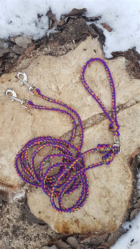 Leashes are made with four strands of paracord with interior strands removed (unless noted as intact), doubled over the clip or ring into an eight strand braid. Dual Paracord 4 Strand Rope Braid Dog Leash Splitter With Double Ended Metal Swivel by ...