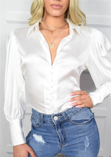 False white peter pan collar faux polyester satin blouse half collared buttontop rated seller. Satin Button Through Collar Shirt White | White satin blouse, Satin blouses, Awesome blouse