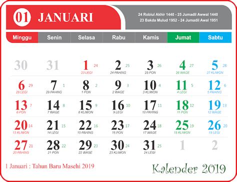 Awal bulan januari 2019 (masehi) bertepatan dengan tanggal 24 rabiul tsani 1440 (hijriyah), 23 bakda mulud 1952 (jawa). 2019 kalender malaysia | Download 2020 Calendar Printable ...