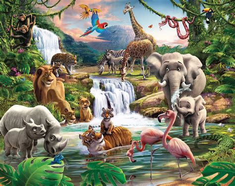 Beautiful realistic hand painted animal decals that enable you to create your own unique wall murals. Walltastic Jungle Adventure Kids Wall Mural | Bubs n Grubs