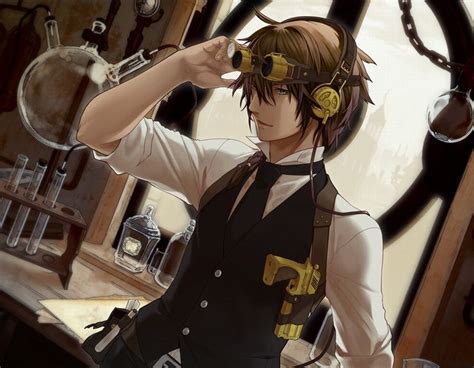 They do have some good style. anime boy and boy | Steampunk, anime, bag, boy, brown hair, glasses, green eyes, gun ... | Anime ...